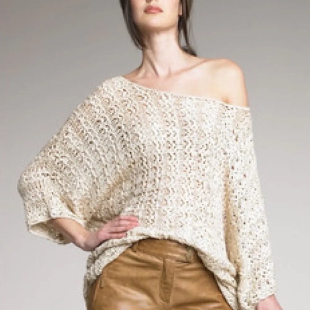 Rachel Zoe Savanna off the shoulder dolman sleeve semi-sheer cream knit sweater